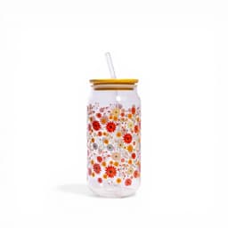 Glass Tumbler with Bamboo Lid & Straw - Floral Print - view 1