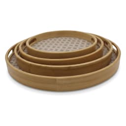 Round Wood Serving Tray - Natural Beige Woven Base 4 piece - view 5