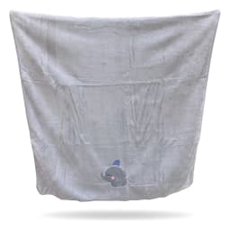 Folded grey microfiber towel with an embroidered cute grey elephant wearing a blue and pink striped hat - view 2