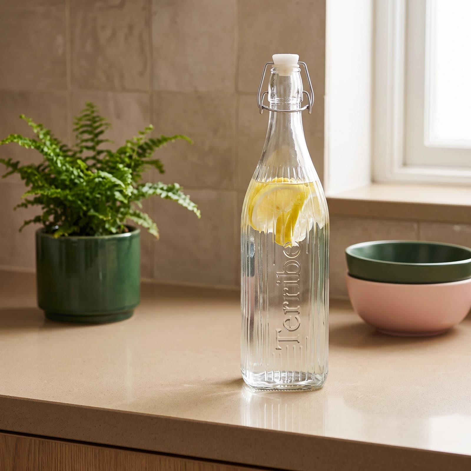Clear ribbed glass bottle with a white swing top lid and metal clasp on a white background