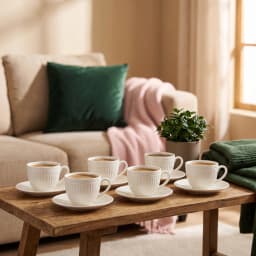 Six cream porcelain coffee cups with ribbed design and matching saucers, filled with coffee, on a rustic wooden table in a l… - view 1