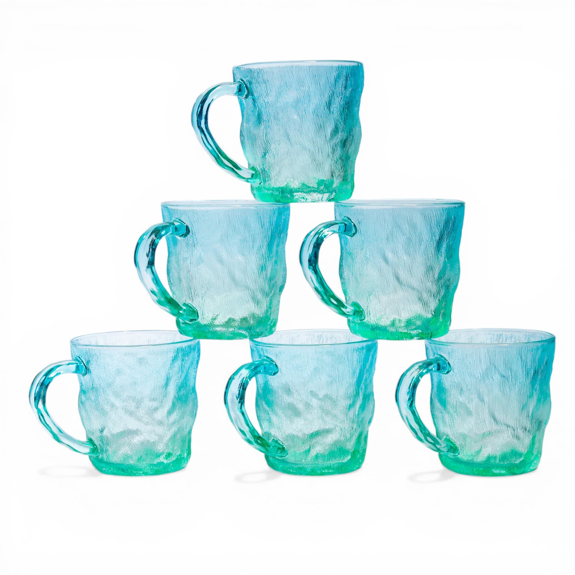 Glass Mugs Set - Textured Blue-Green - 6 Pieces