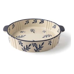 Cream round porcelain baking dish with dark blue leaf pattern and black handles, 12 inches, on a white surface. - view 3
