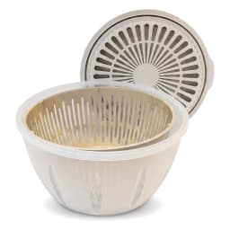 Three-piece plastic washing and draining bowl set in light beige and tan colors on a white background, with a perforated lid… - view 2