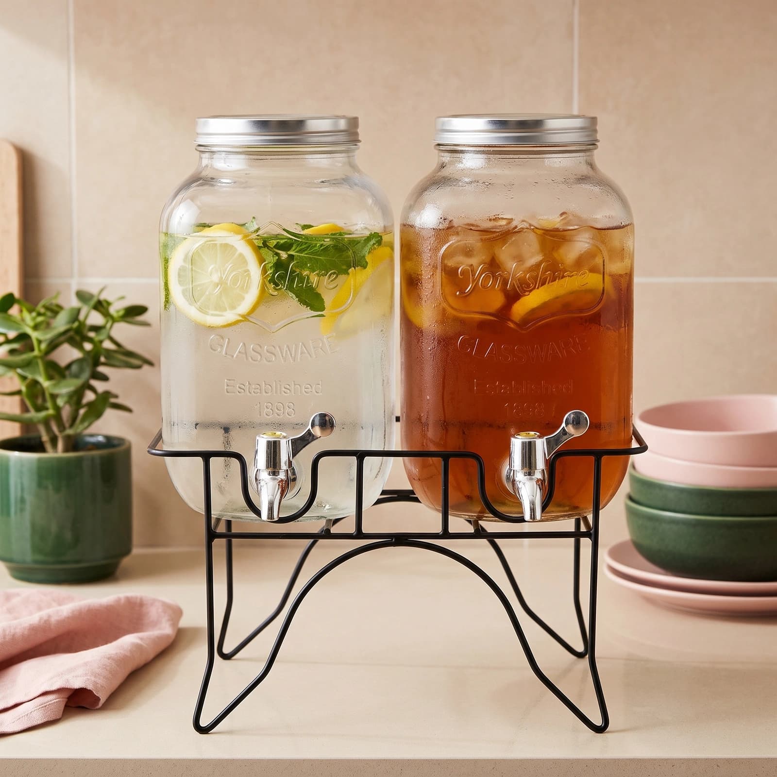Glass Beverage Dispenser Set with Stand - 2 Clear Dispensers - Kitchen essentials