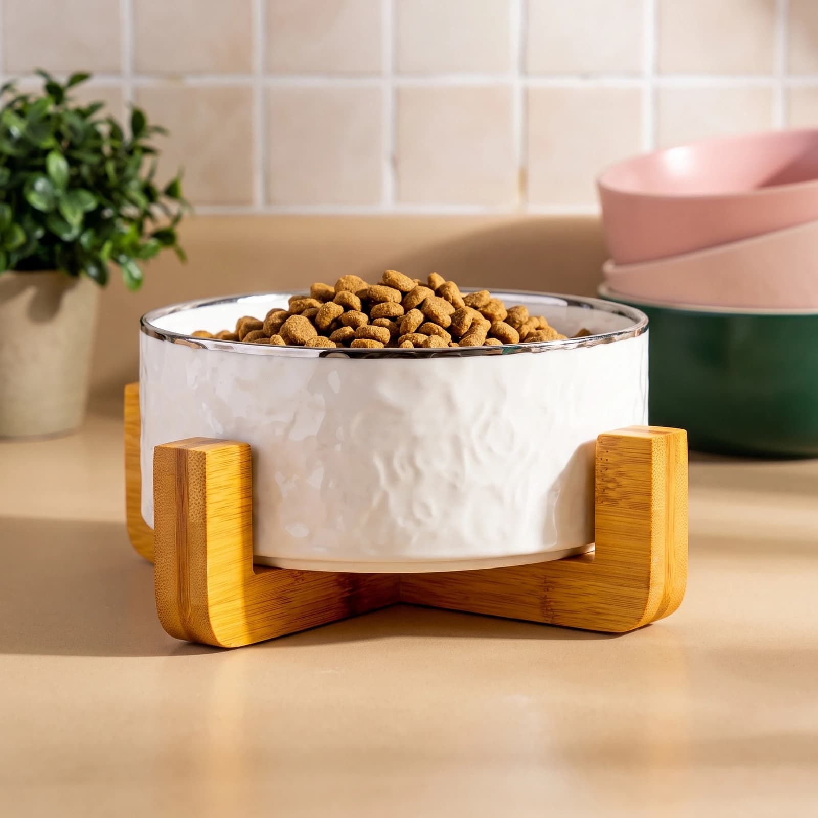Ceramic Bowl with Bamboo Stand - Cream Porcelain