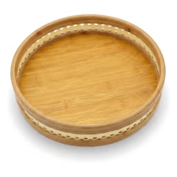 Set of three round natural light brown bamboo serving trays stacked, with perforated decorative rims on a white background. - view 2