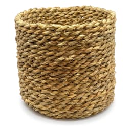 Set of three round natural light brown khous storage baskets of varying sizes on a white background. - view 5