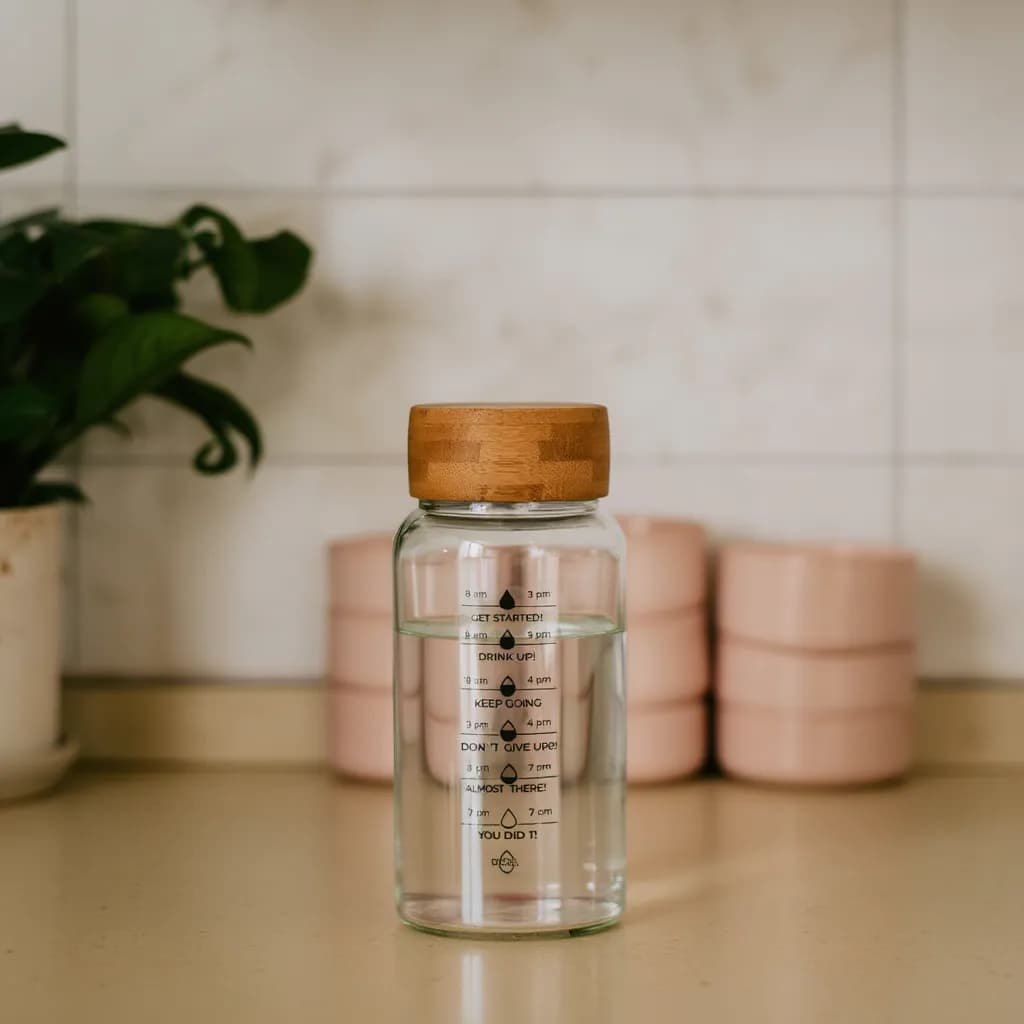 Glass Water Bottle with Wood Lid - Hydration Tracker