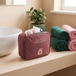 Rectangular red fabric first aid kit bag with 'TRAVEL ESSENTIAL FIRST AID KIT' text and a white medicine bottle icon, on a w… - view 1
