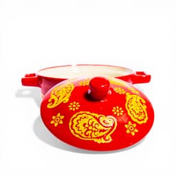 Ceramic Serving Pot with Lid - Red & Yellow Paisley - view 2