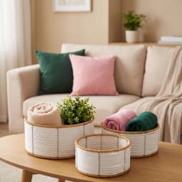 Khous Storage Baskets Set - 3 Round White & Tan Organizers - view 5