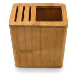 Light brown wooden knife block with three vertical slots and one larger rectangular slot on a white background. - view 2