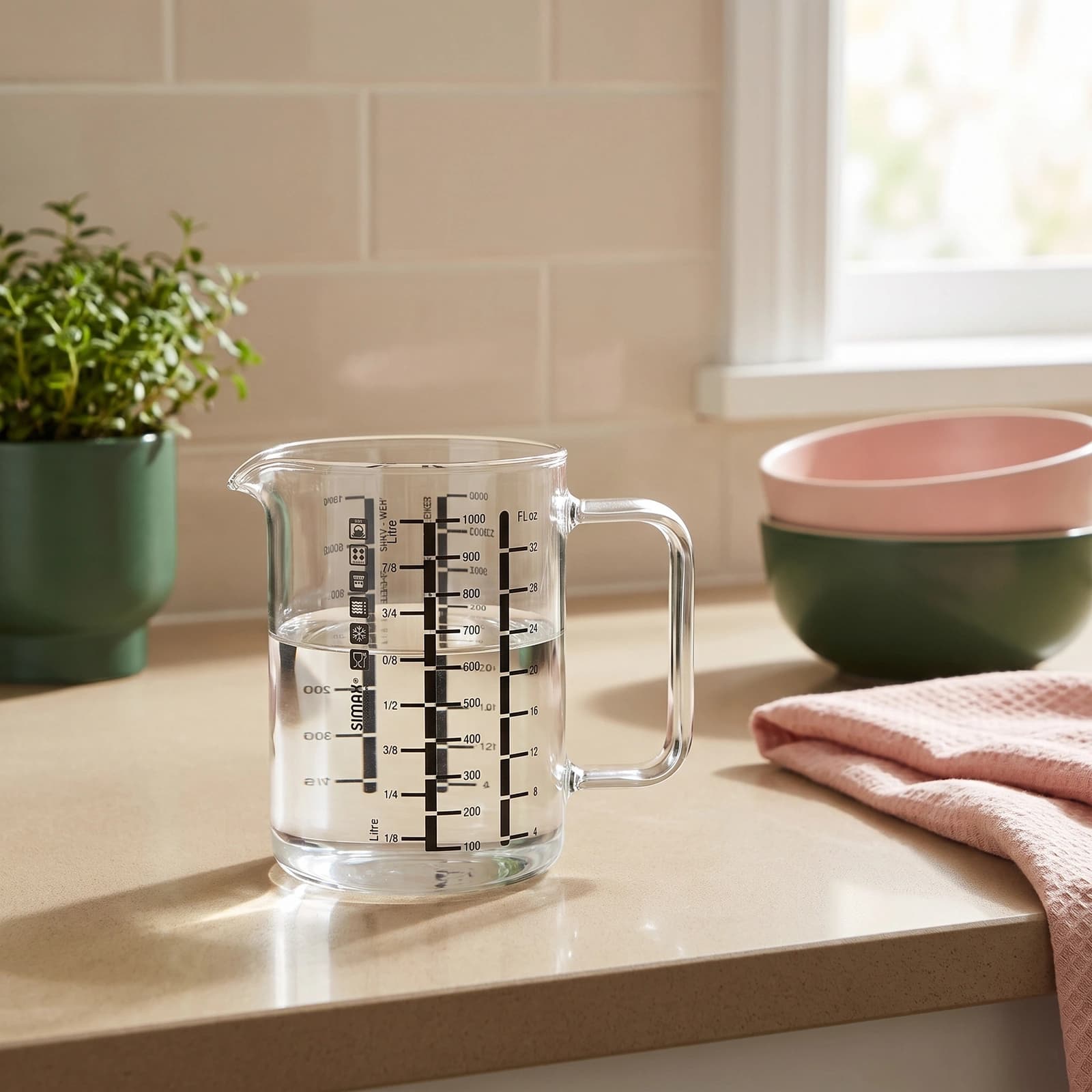 Clear glass measuring jug with a handle and spout, marked with black measurements for litres and fluid ounces, on a white ba…