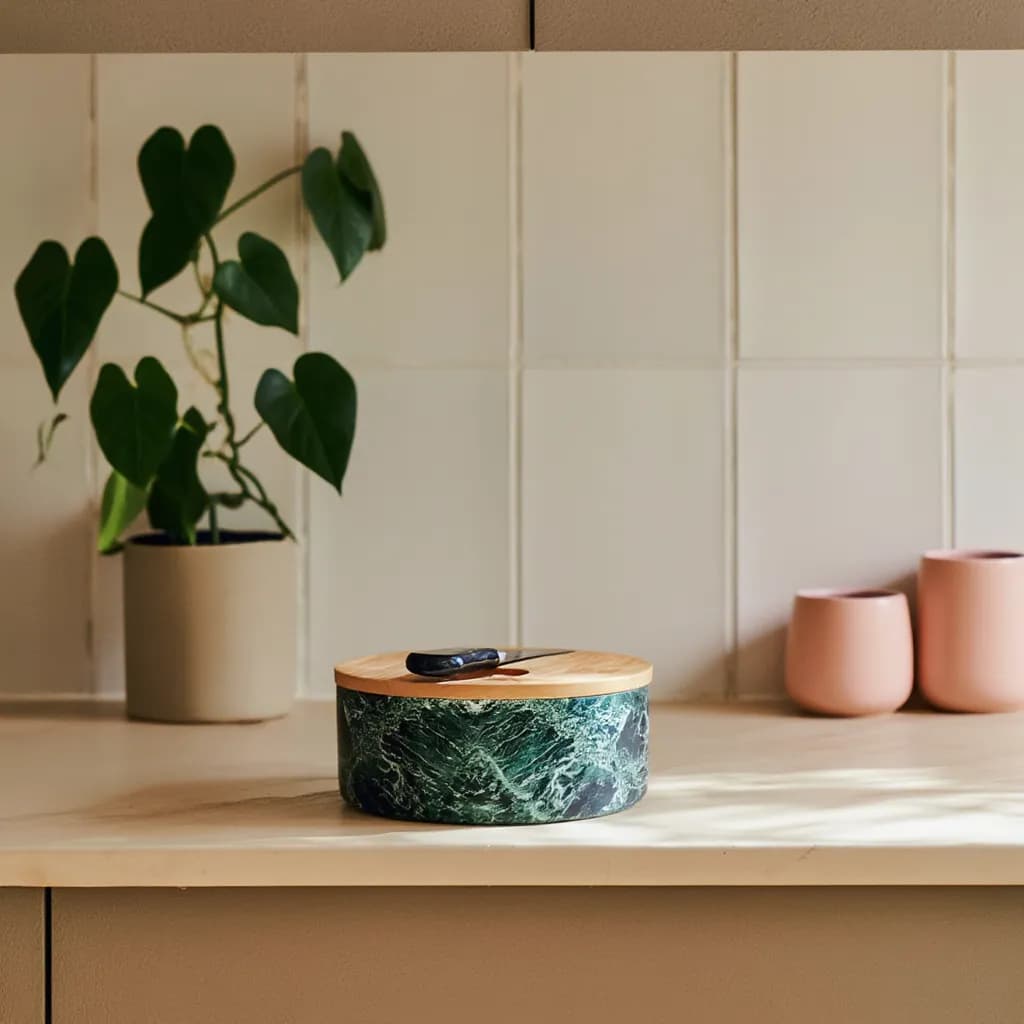 Ceramic Butter Dish with Knife - Green Marble