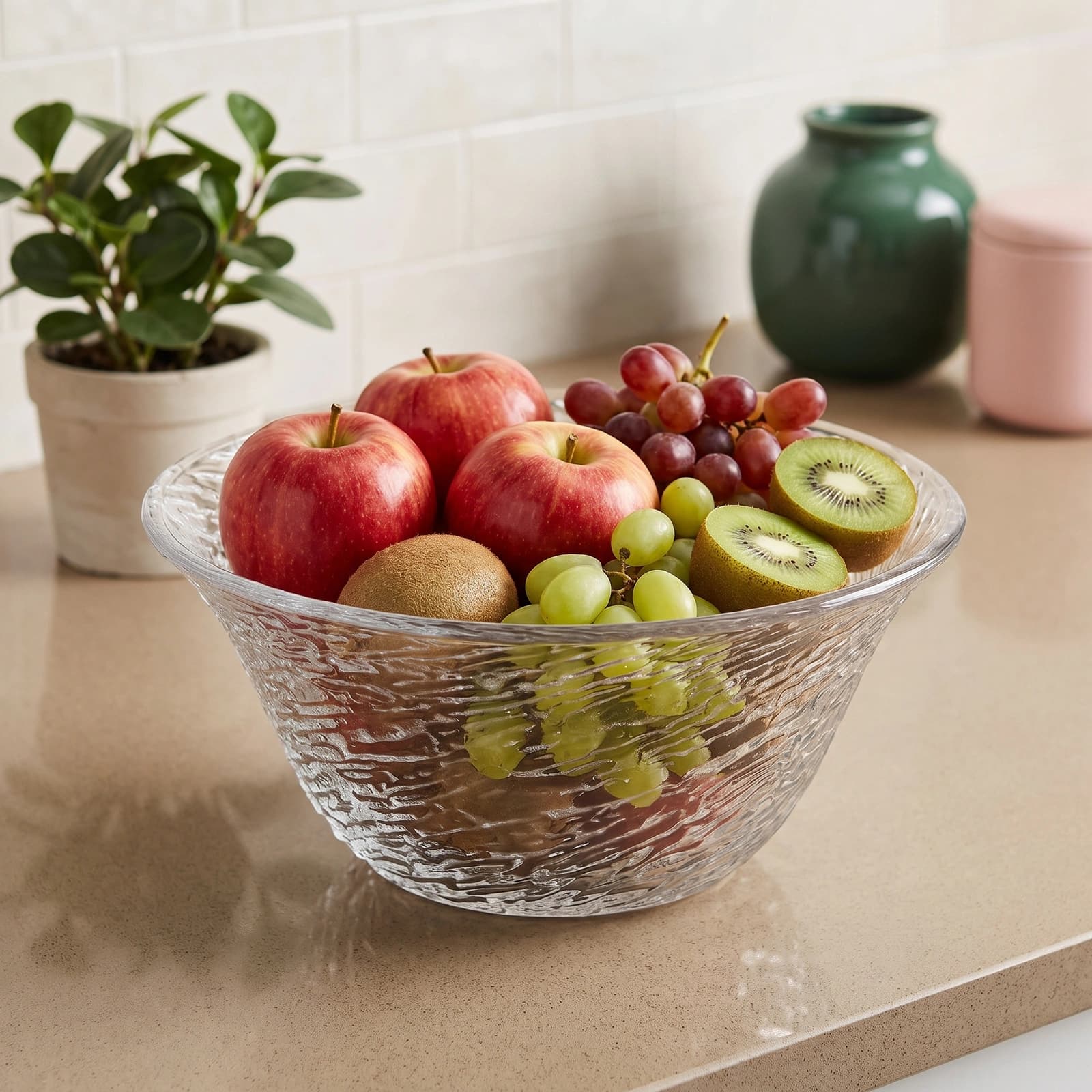 Clear glass serving bowl with a textured, rippled surface and a slightly flared rim on a white background