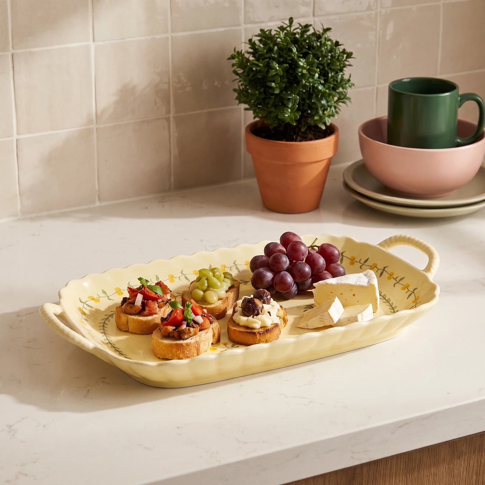 Porcelain Serving Tray - Cream with Yellow Floral Design - Kitchen essentials