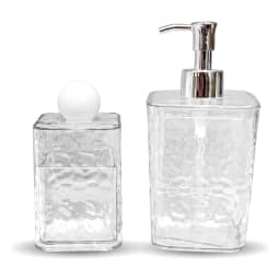 Two clear textured plastic bathroom accessories: a soap dispenser with a silver pump and a lidded container with a white sph… - view 2