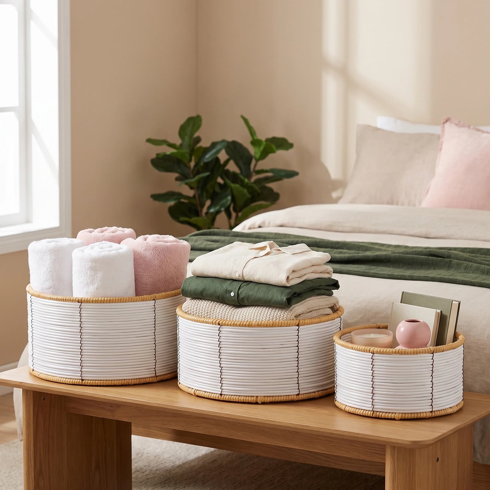 Set of three round khous storage baskets in white and natural colors, holding rolled towels, folded clothes, and books on a…