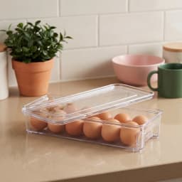 Single clear rectangular acrylic storage box with a transparent lid, empty, displayed on a white shelf. - view 1