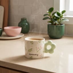 Off-white ceramic mug with green leaves, pink berries, 'Greenery' text, and a light green flower-shaped handle. - view 1
