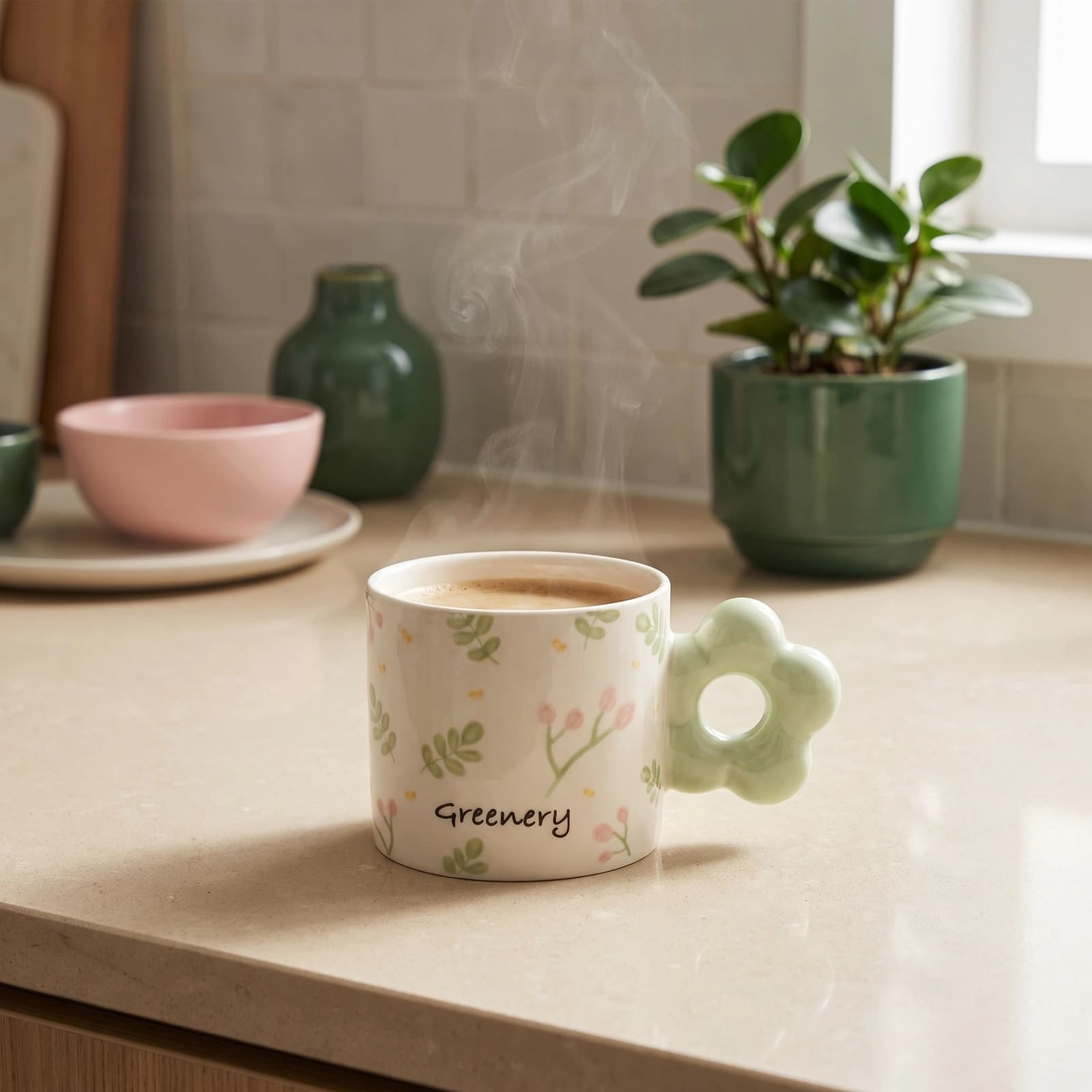 Off-white ceramic mug with green leaves, pink berries, 'Greenery' text, and a light green flower-shaped handle.