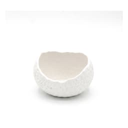 White porcelain serving bowl with an organic, textured exterior, filled with yogurt, granola, and berries on a kitchen count… - view 2