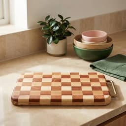 Wooden Checkerboard Cutting Board with Handle - Brown - view 3