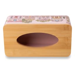 Rectangular light pink metal tissue box with a wooden lid and colorful village illustration. - view 5