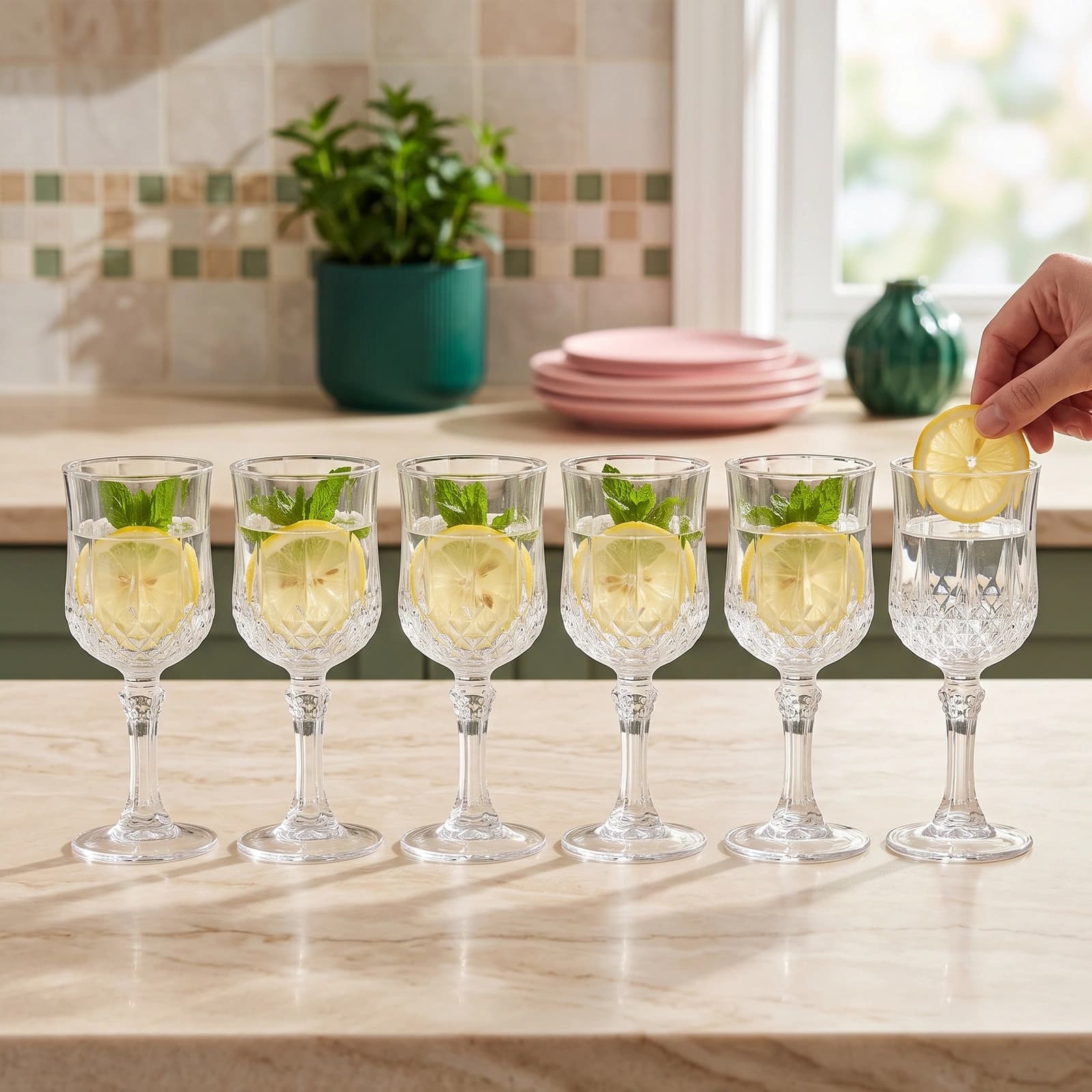 Glass Goblet Set 6 Pieces - Clear Diamond Cut - Cups