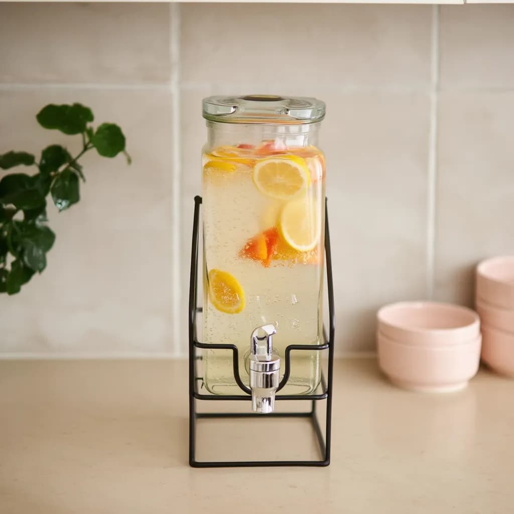 Glass Beverage Dispenser with Metal Stand