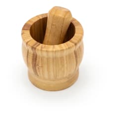Light brown wooden mortar and pestle set on a white background, showing the natural wood grain and texture. - view 3