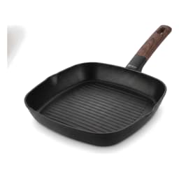 Black square granite grill pan with a dark brown wood-look handle, 28 cm, on a white shelf. - view 3