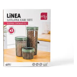 Set of three dark grey translucent acrylic storage jars with vertical ridges and opaque black lids on a white background. - view 2