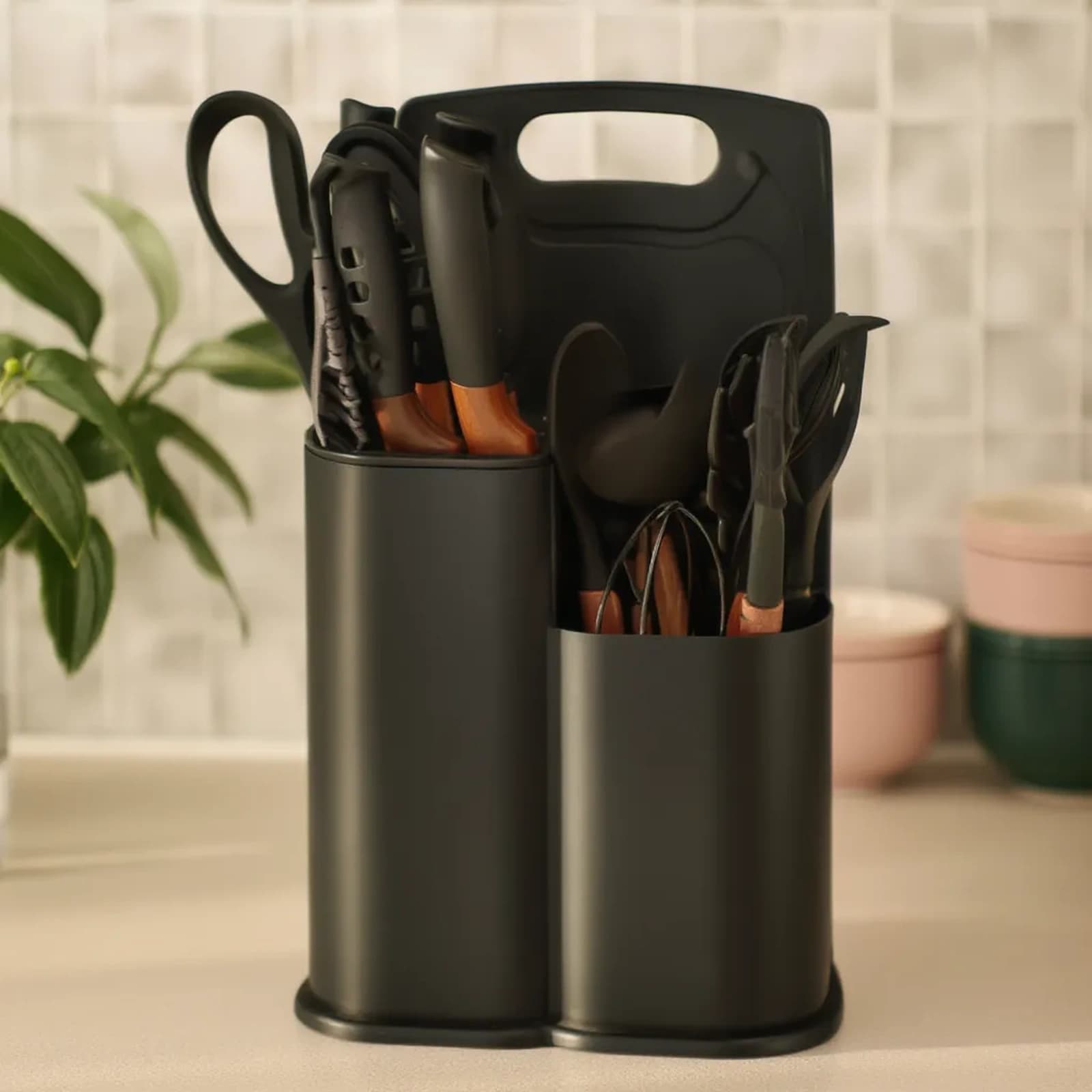Silicone Kitchen Utensil Set with Holder & Cutting Board - Black