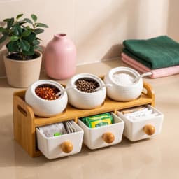 Porcelain Spice Jars & Drawers Set - 6 Pcs White & Bamboo - view 1