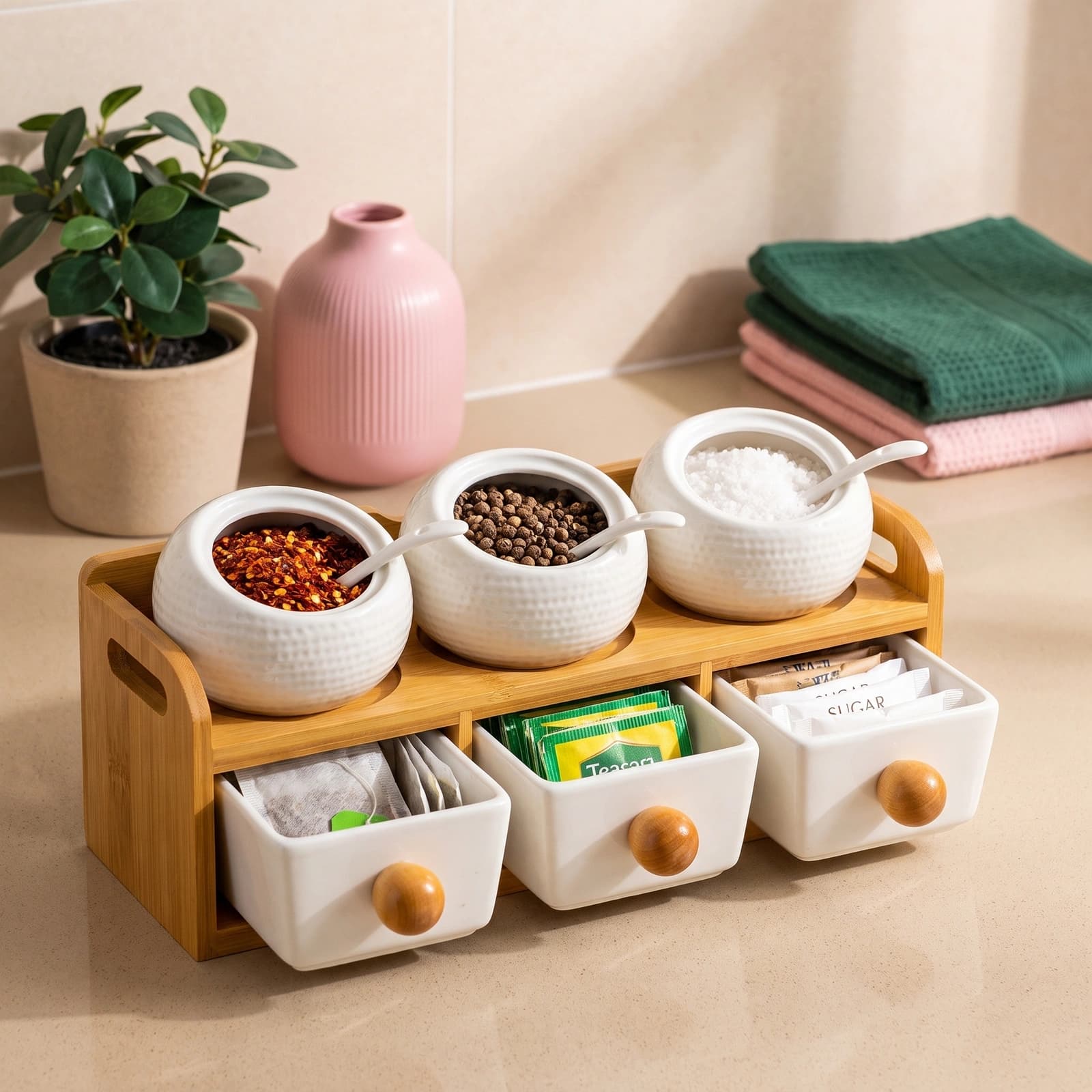 Porcelain Spice Jars & Drawers Set - 6 Pcs White & Bamboo