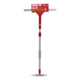 Red and grey telescopic window squeegee with a 12-inch blade on a white background. - view 2