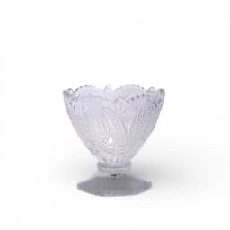 Clear glass dessert bowl with intricate patterned design, scalloped rim, and a short pedestal base on a white background - view 2