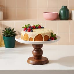 Porcelain Cake Stand with Wooden Base - White - view 1