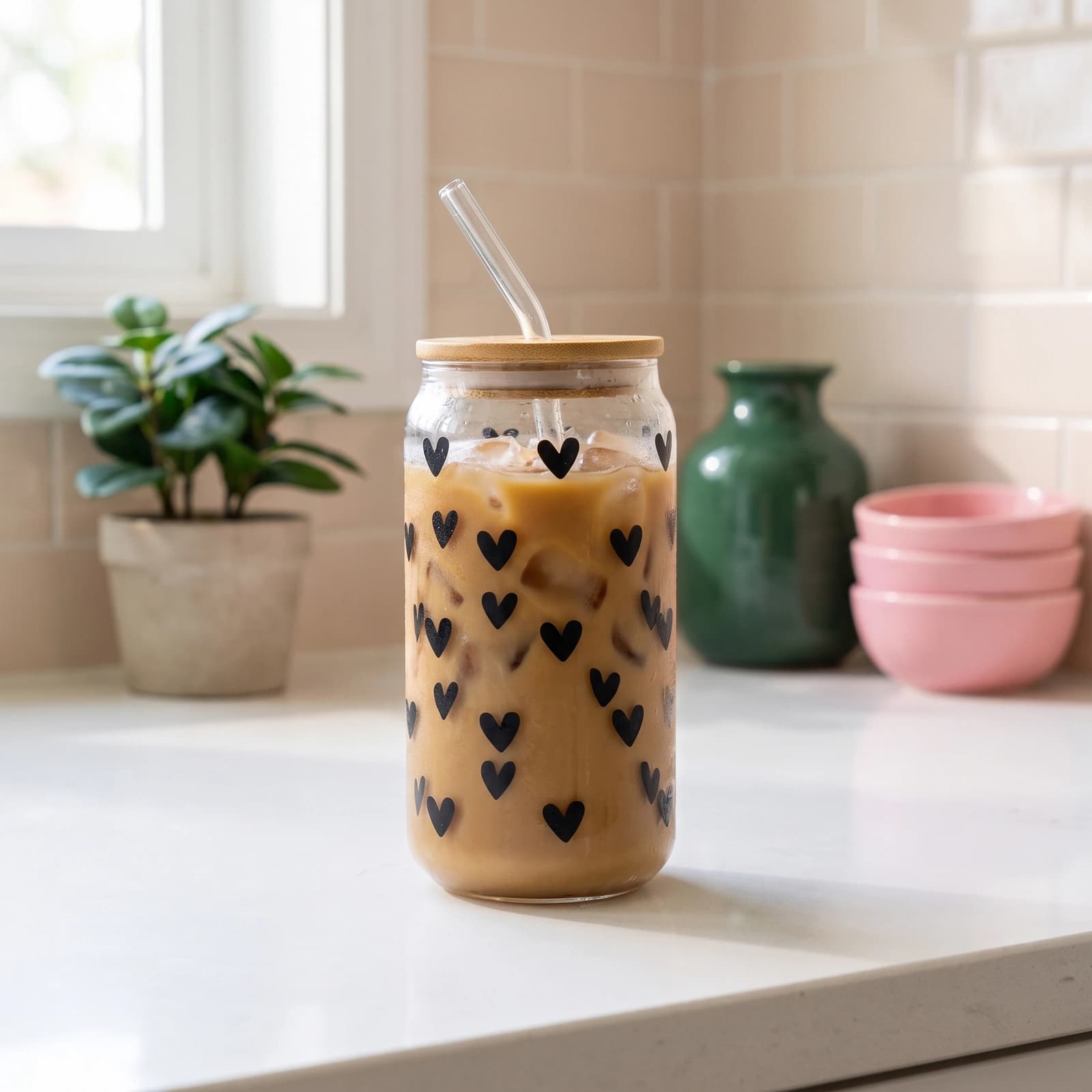 Clear glass can-shaped tumbler with black heart pattern, bamboo lid, and clear glass straw on a white background.