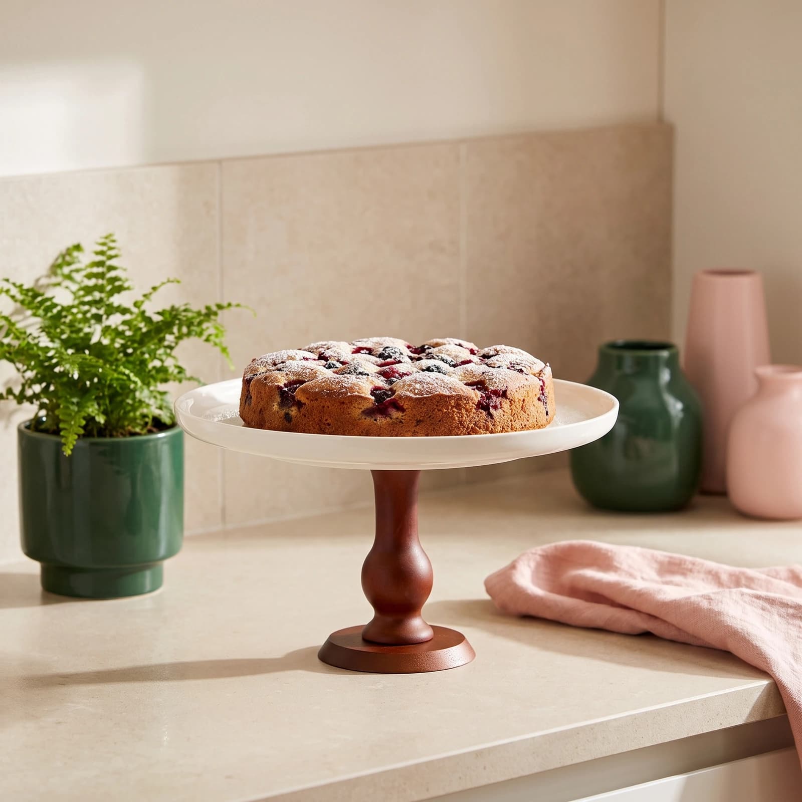 Cake Stand Porcelain Plate with Wooden Base - Cream