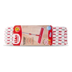 Red plastic rotatable mop head refill with white microfiber pad in packaging, on a wooden surface. - view 3