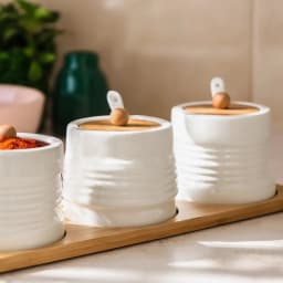 Porcelain Spice Jars Set with Bamboo Tray - 3 Pcs White - view 4