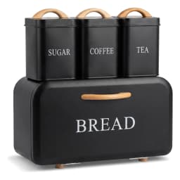 Matte black metal kitchen storage set with three small canisters labeled Sugar, Coffee, Tea, and a large bread box, all with… - view 4