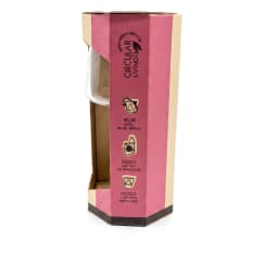 One clear glass wine glass standing next to its brown cardboard box with wine glass illustration and '2 pcs' label on a whit… - view 2