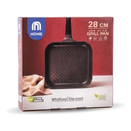 Black square granite grill pan with a long black handle and ridged cooking surface on a white background. - view 3
