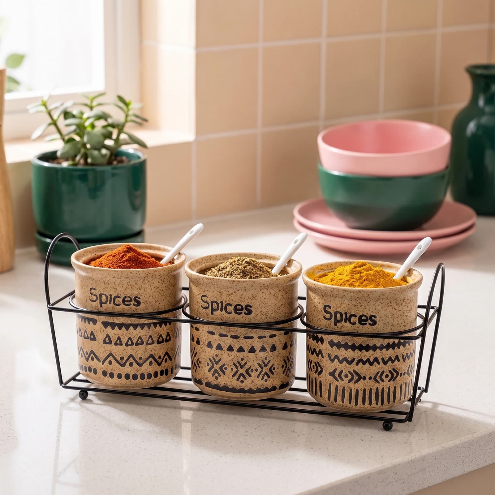 Three beige porcelain spice jars with tribal patterns and white spoons, in a black metal stand on a kitchen counter.