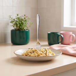 Single silver and gold stainless steel dinner fork with a curved handle, isolated on a clean white background. - view 5
