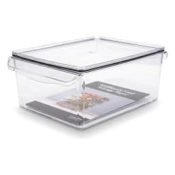 Clear rectangular acrylic storage container with a separate clear lid, on a white background, showing its transparency. - view 2